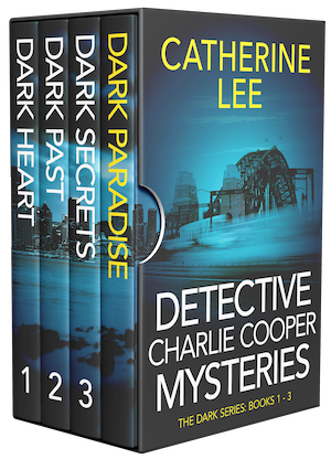 Book Cover for Detective Charlie Cooper Mysteries boxset (The Dark Series Books 1-3) by author Catherine Lee, showing a brooding, blue-tinged view of the Sydney Opera House from over busy traffic on the Cahill Expressway.