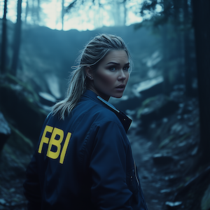 FBI Agent Eden Cross searching in a creepy forest