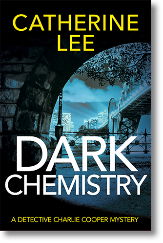 Book Cover for Dark Chemistry (A Detective Charlie Cooper Mystery) by author Catherine Lee, showing a brooding, blue-tinged, nighttime view of the Sydney Harbour Bridge viewed from beneath a stone arch.