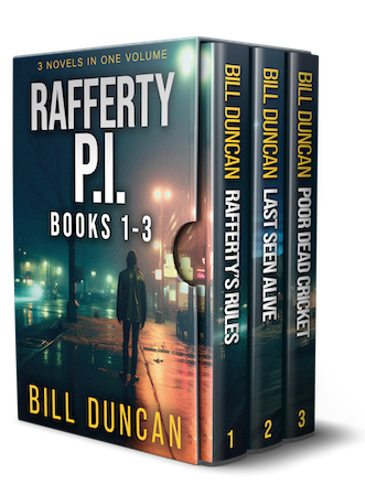 Book Cover for Rafferty P.I. boxset (Books 1-3) by author Bill Duncan, showing a noir-ish image of a man in a leather jacket walking down a deserted, rainy, city street at nighttime.