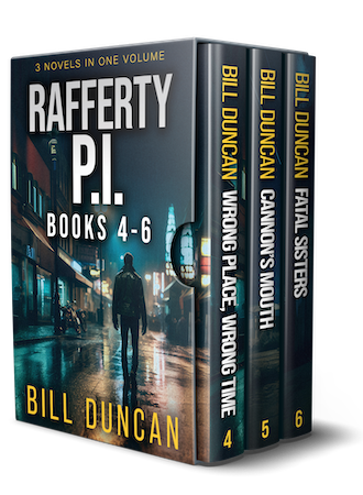 Book Cover for Rafferty P.I. boxset (Books 4-6) by author Bill Duncan, showing a noir-ish image of a man in a leather jacket walking down a deserted, rainy, city street at nighttime.