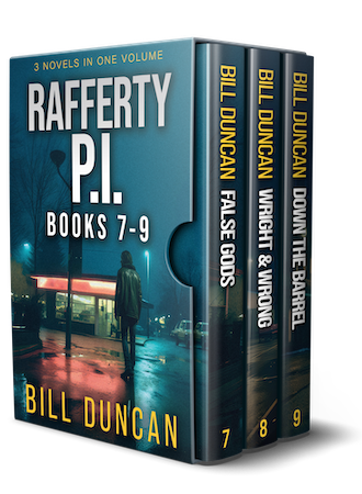 Book Cover for Rafferty P.I. boxset (Books 7-9) by author Bill Duncan, showing a noir-ish image of a man in a leather jacket walking across the forecourt of a gas station on a rainy night.