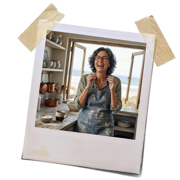Addison Lake in the kitchen of her beach house, laughing and smiling, a cup of coffee on the bench nearby and her denim apron dusted with flour. Addison is a warm Australian woman, mid-fifties, slim, short wavy black hair with subtle grey peeking through, and wearing reading glasses
